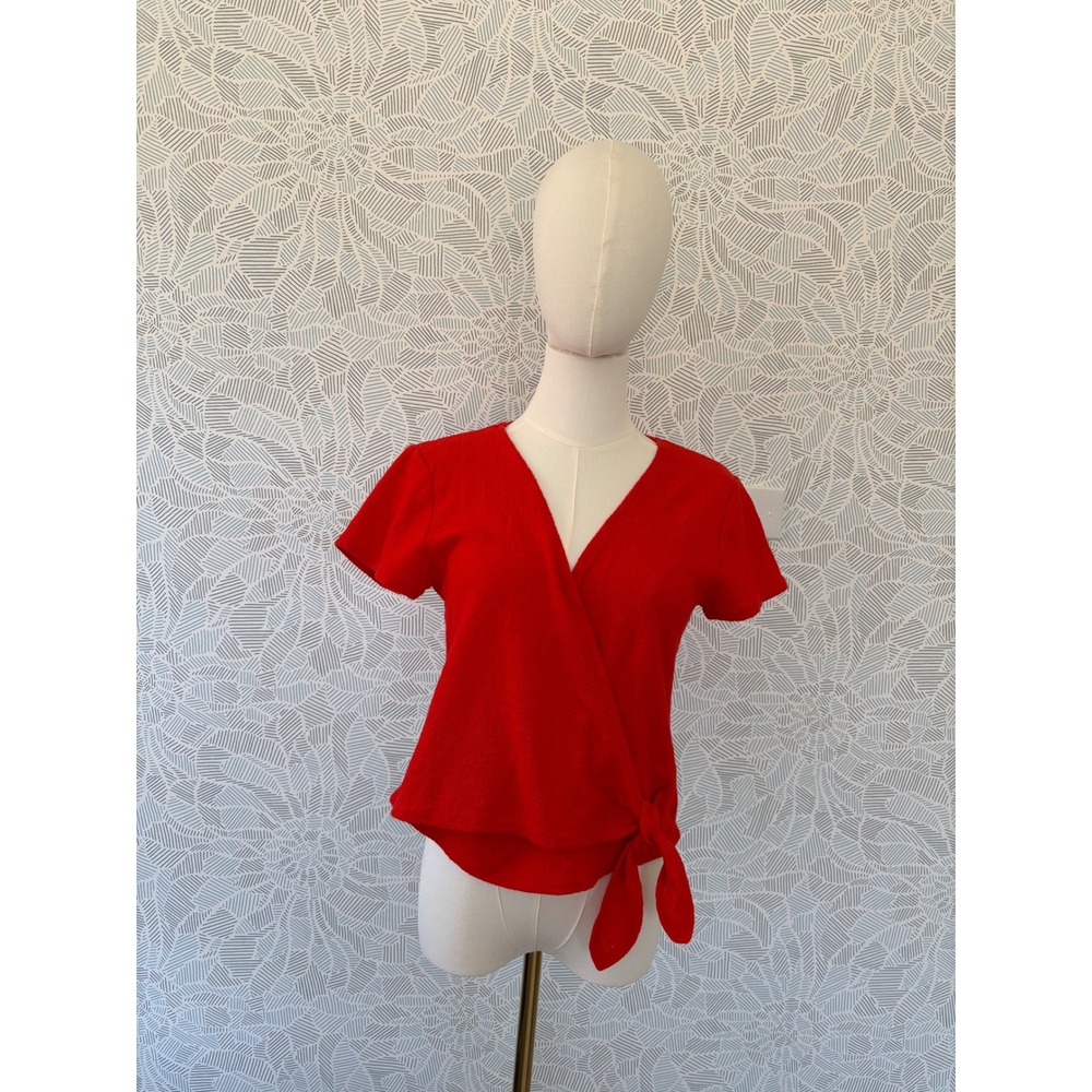 Madewell Geranium Orange Red Cotton Wrap Top Small Short Sleeve V-Neck Blouse